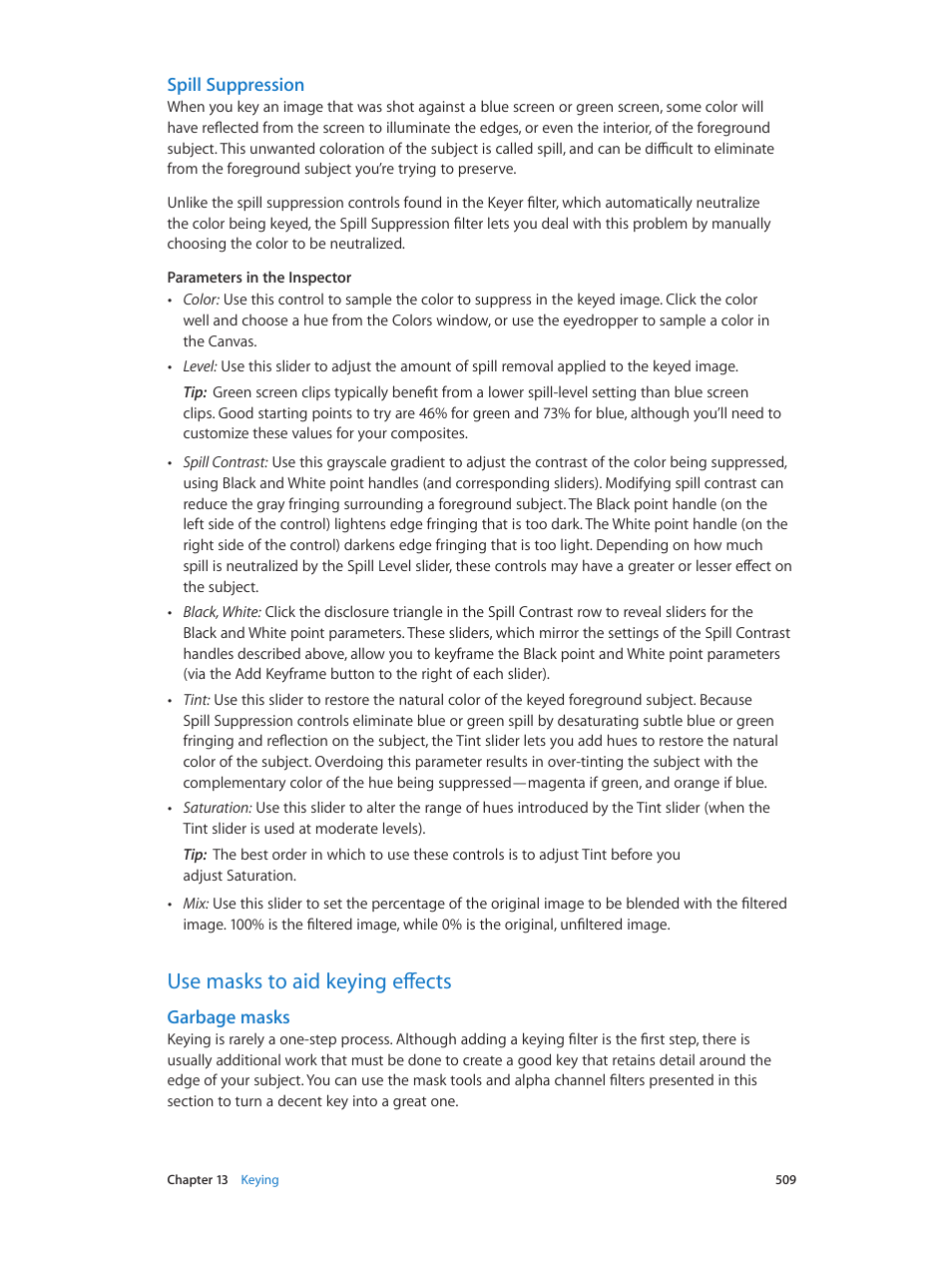 Spill suppression, Use masks to aid keying effects, Garbage masks | 509 use masks to aid keying effects 509 | Apple Motion 5.1.1 User Manual | Page 509 / 1090