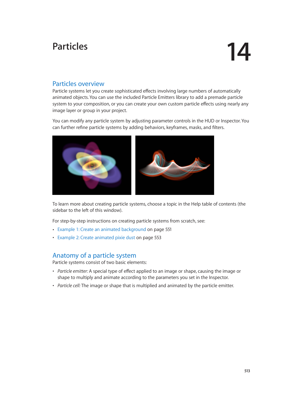 Chapter 14: particles, Particles overview, Anatomy of a particle system | Particles | Apple Motion 5.1.1 User Manual | Page 513 / 1090