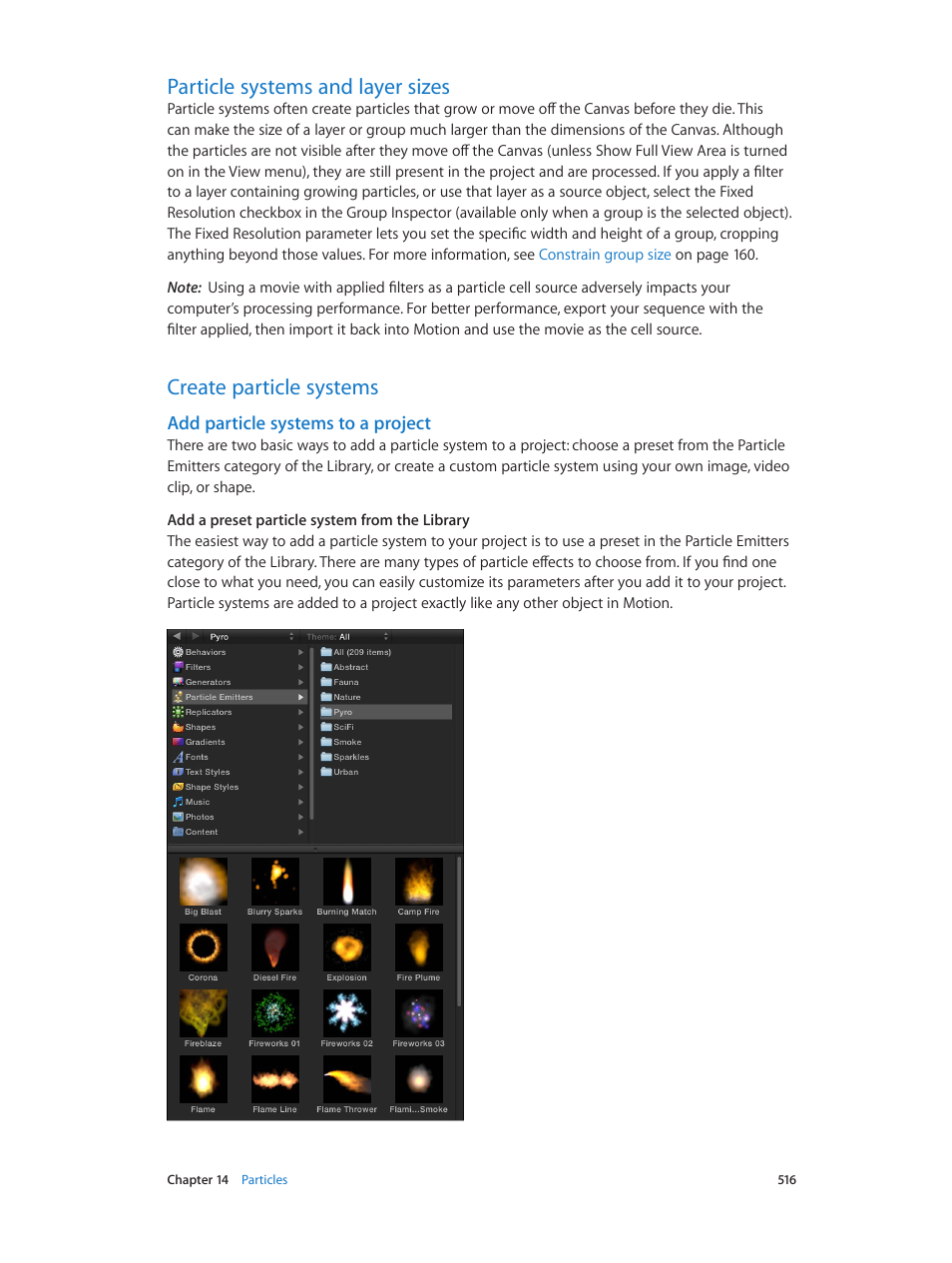 Particle systems and layer sizes, Create particle systems, Add particle systems to a project | Add particle, Systems to a project | Apple Motion 5.1.1 User Manual | Page 516 / 1090
