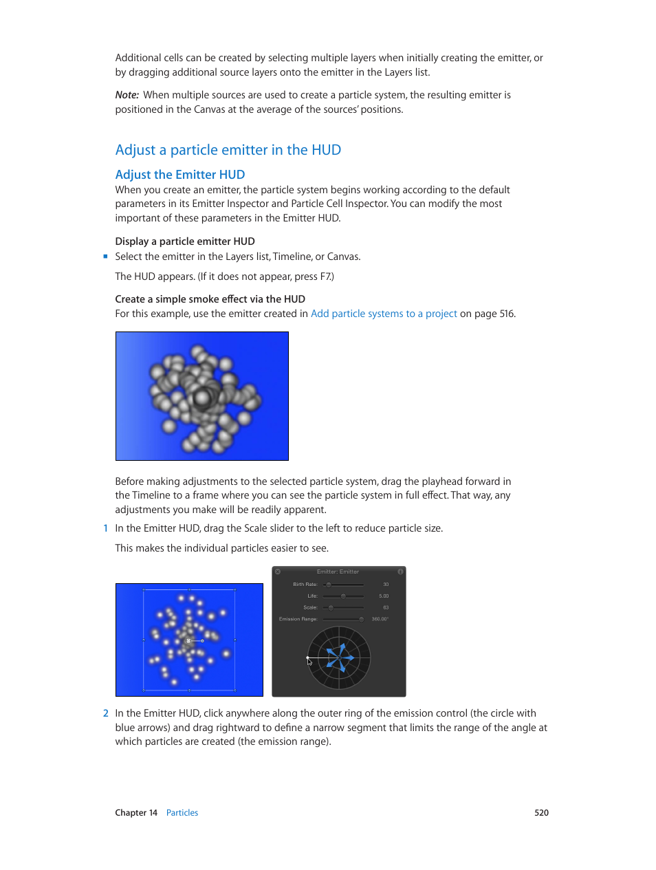 Adjust a particle emitter in the hud, Adjust the emitter hud, 520 adjust a particle emitter in the hud 520 | Adjust the, Emitter hud | Apple Motion 5.1.1 User Manual | Page 520 / 1090