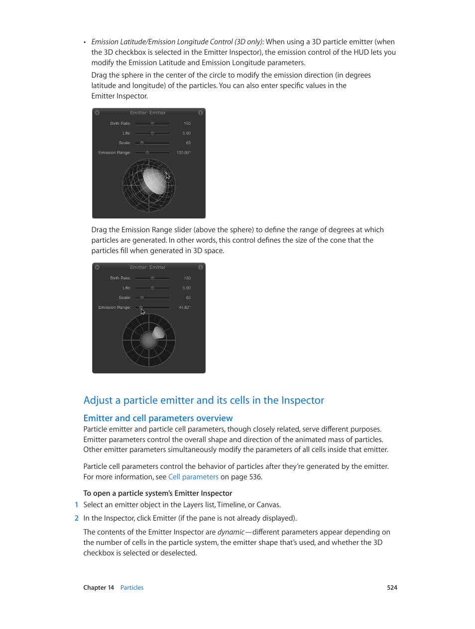 Emitter and cell parameters overview | Apple Motion 5.1.1 User Manual | Page 524 / 1090