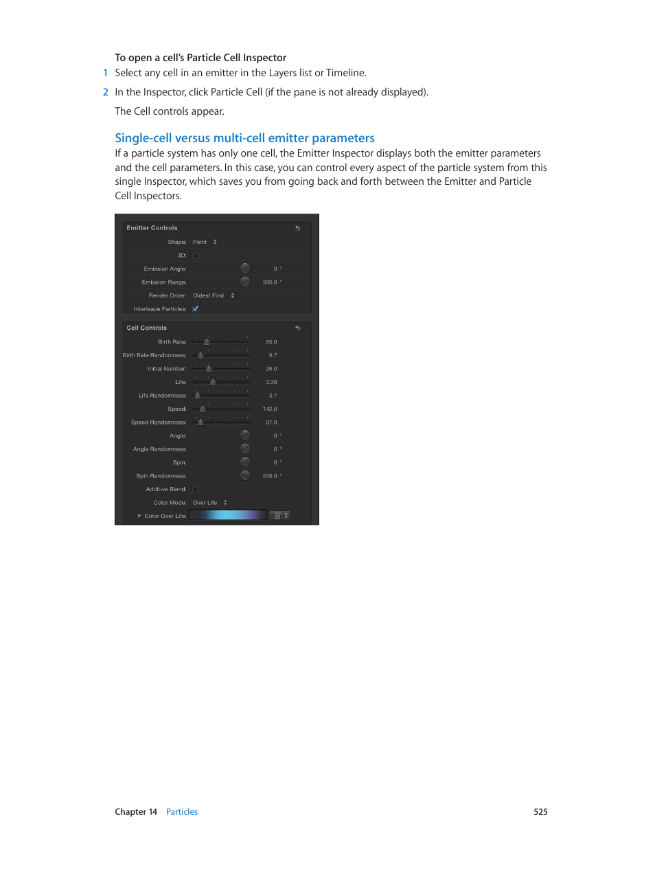 Single-cell versus multi-cell emitter parameters | Apple Motion 5.1.1 User Manual | Page 525 / 1090