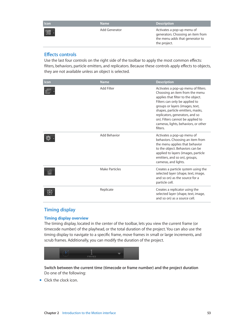Effects controls, Timing display, Overview | Apple Motion 5.1.1 User Manual | Page 53 / 1090