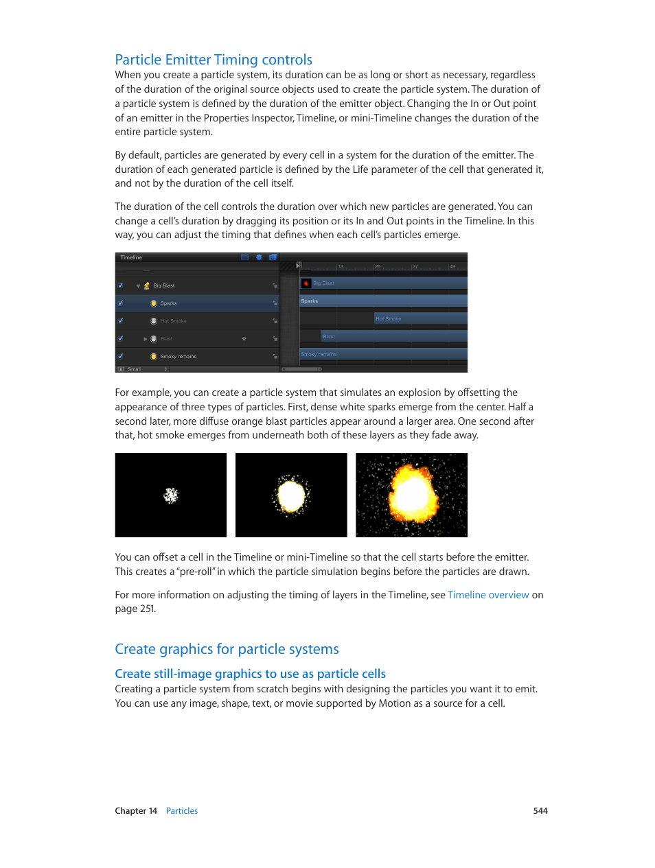 Particle emitter timing controls, Create graphics for particle systems | Apple Motion 5.1.1 User Manual | Page 544 / 1090