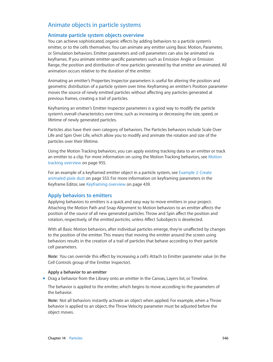 Animate objects in particle systems, Animate particle system objects overview, Apply behaviors to emitters | 546 animate objects in particle systems 546 | Apple Motion 5.1.1 User Manual | Page 546 / 1090