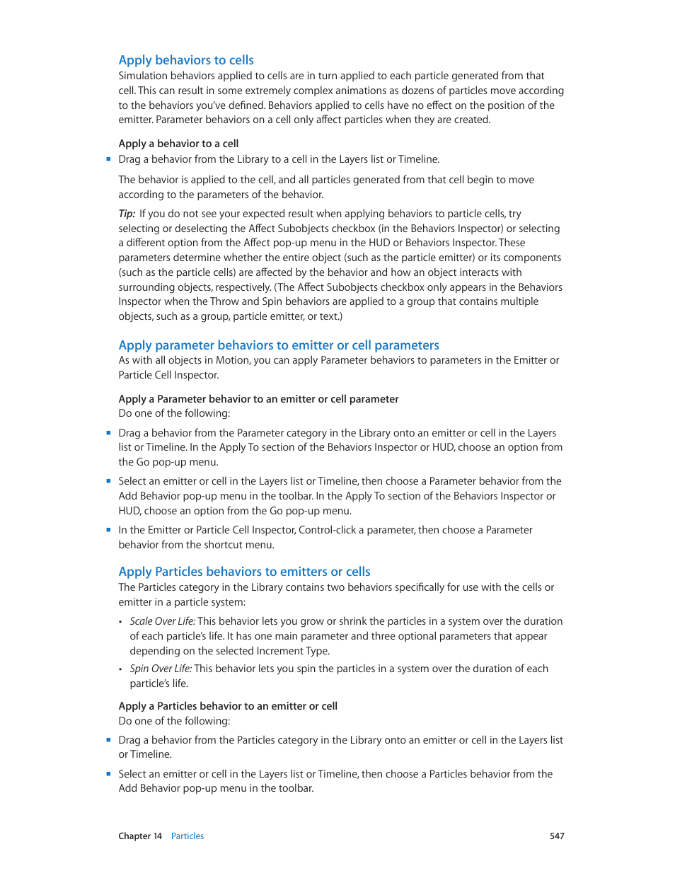 Apply behaviors to cells, Apply particles behaviors to emitters or cells | Apple Motion 5.1.1 User Manual | Page 547 / 1090