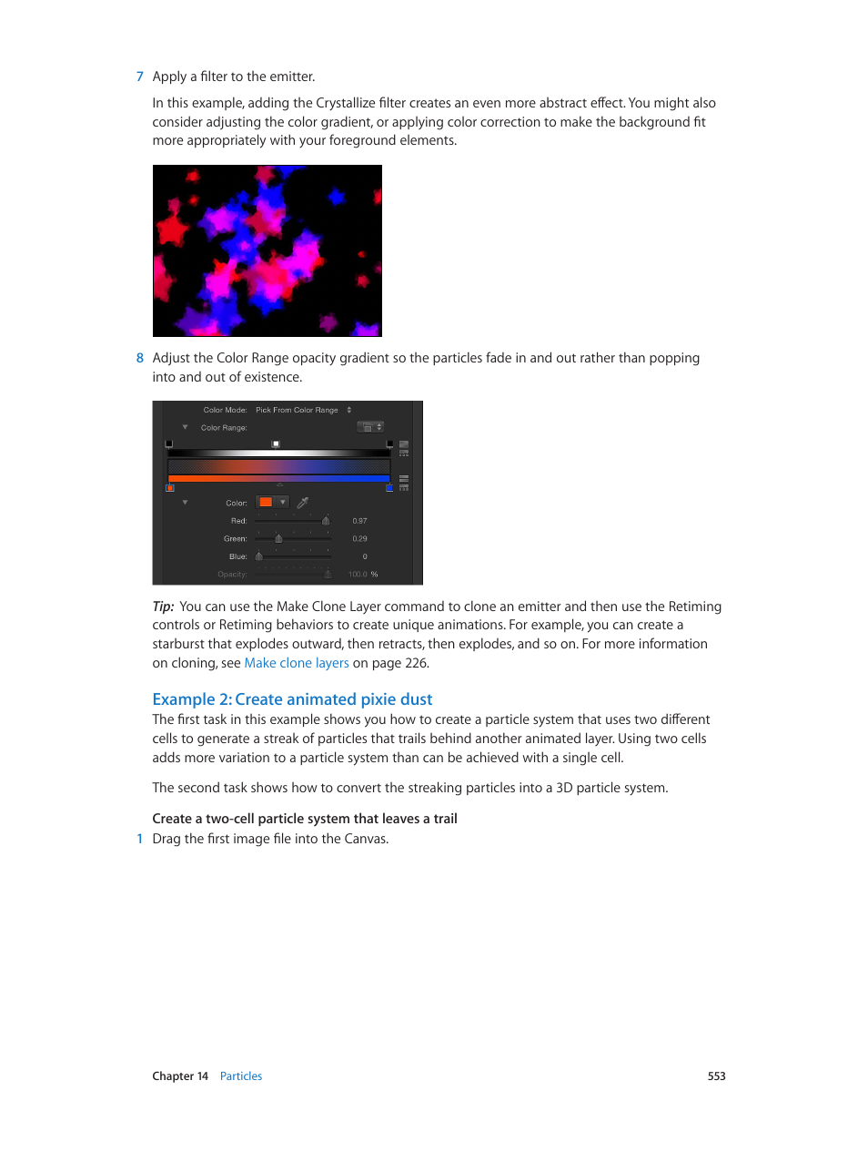 Example 2: create animated pixie dust, Example 2: create animated pixie, Dust | Example 2: create, Animated pixie dust | Apple Motion 5.1.1 User Manual | Page 553 / 1090
