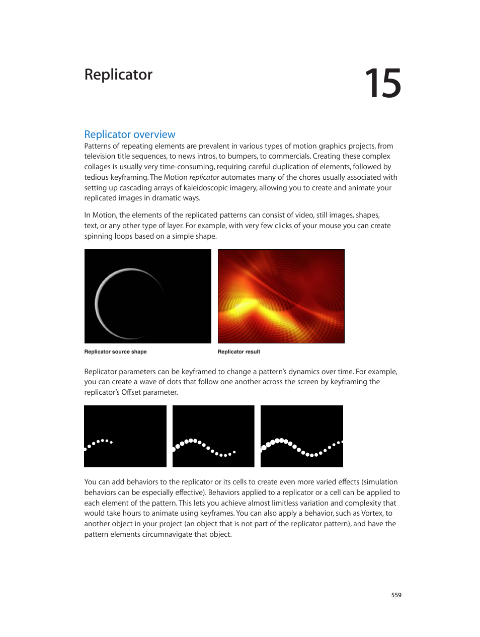 Chapter 15: replicator, Replicator overview, 559 replicator overview | Replicator, Overview | Apple Motion 5.1.1 User Manual | Page 559 / 1090