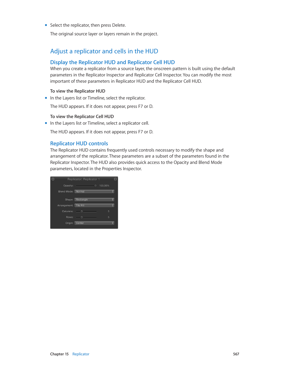 Adjust a replicator and cells in the hud, Display the replicator hud and replicator cell hud, Replicator hud controls | 567 adjust a replicator and cells in the hud 567 | Apple Motion 5.1.1 User Manual | Page 567 / 1090