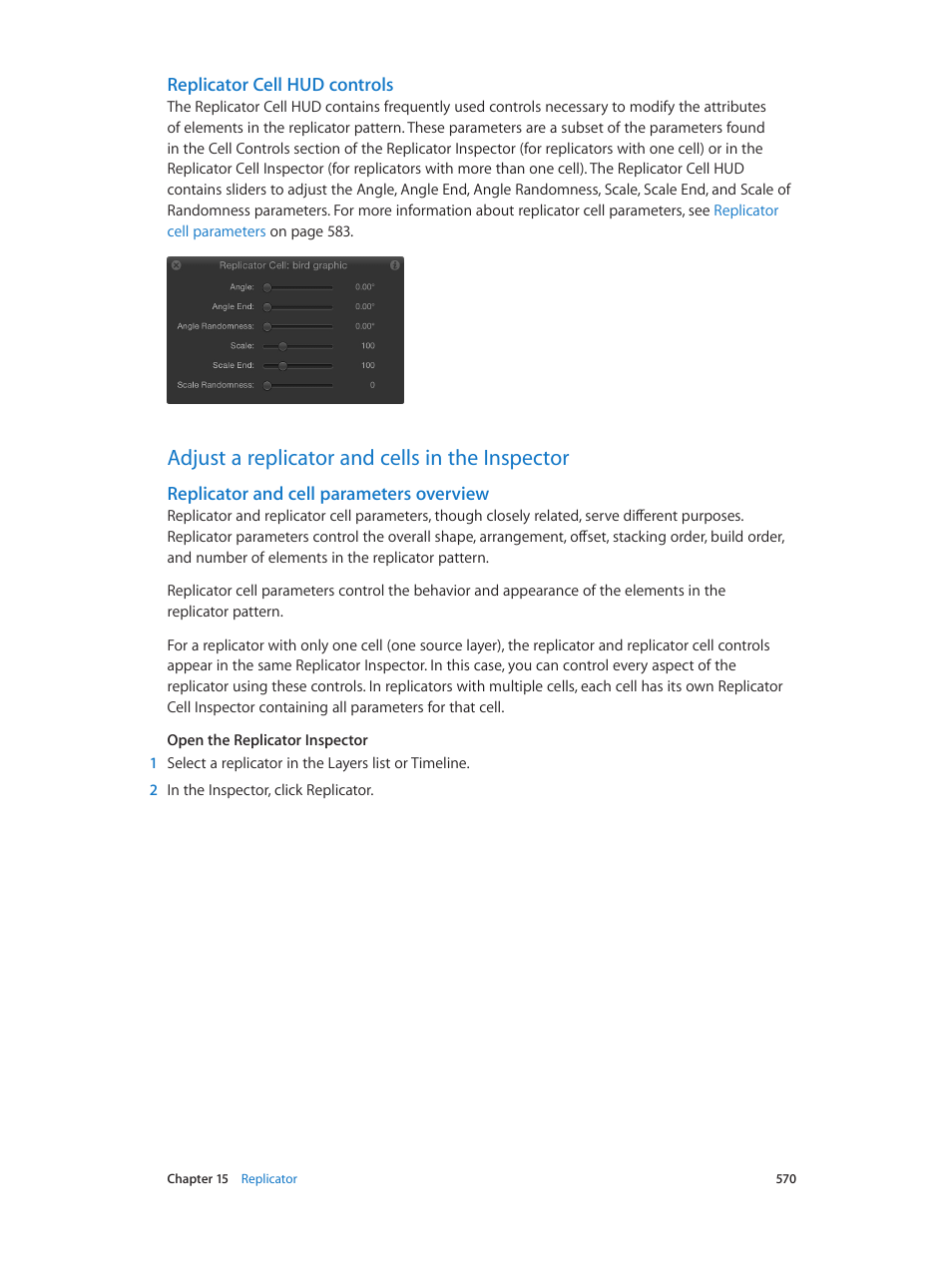 Replicator cell hud controls, Adjust a replicator and cells in the inspector, Replicator and cell parameters overview | Apple Motion 5.1.1 User Manual | Page 570 / 1090