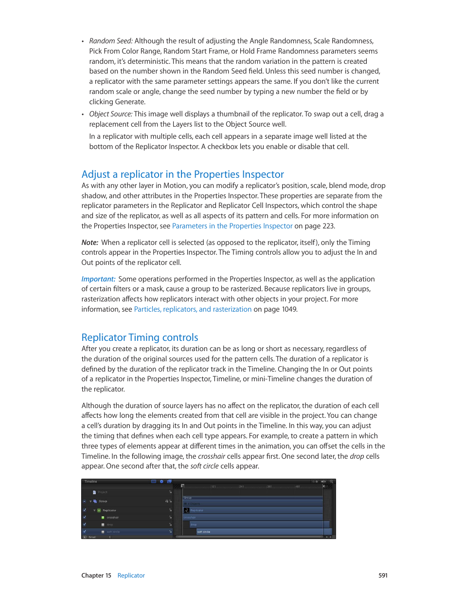 Adjust a replicator in the properties inspector, Replicator timing controls | Apple Motion 5.1.1 User Manual | Page 591 / 1090