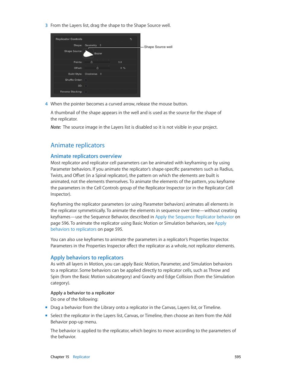Animate replicators, Animate replicators overview, Apply behaviors to replicators | 595 animate replicators 595 | Apple Motion 5.1.1 User Manual | Page 595 / 1090
