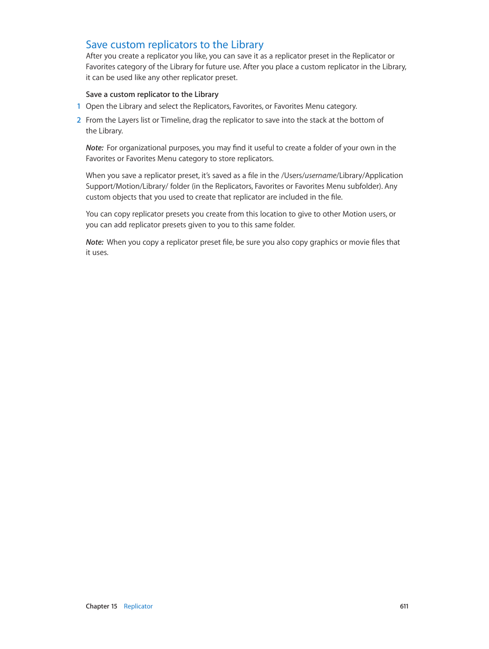 Save custom replicators to the library, 611 save custom replicators to the library, Save custom | Replicators to the library | Apple Motion 5.1.1 User Manual | Page 611 / 1090