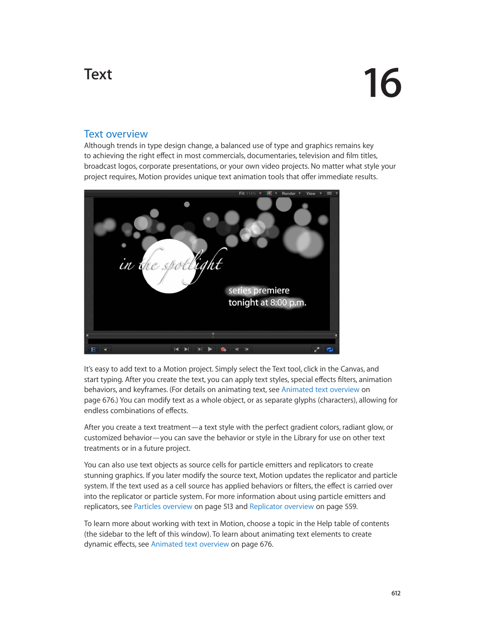 Chapter 16: text, Text overview, 612 text overview | 612 and, Text | Apple Motion 5.1.1 User Manual | Page 612 / 1090