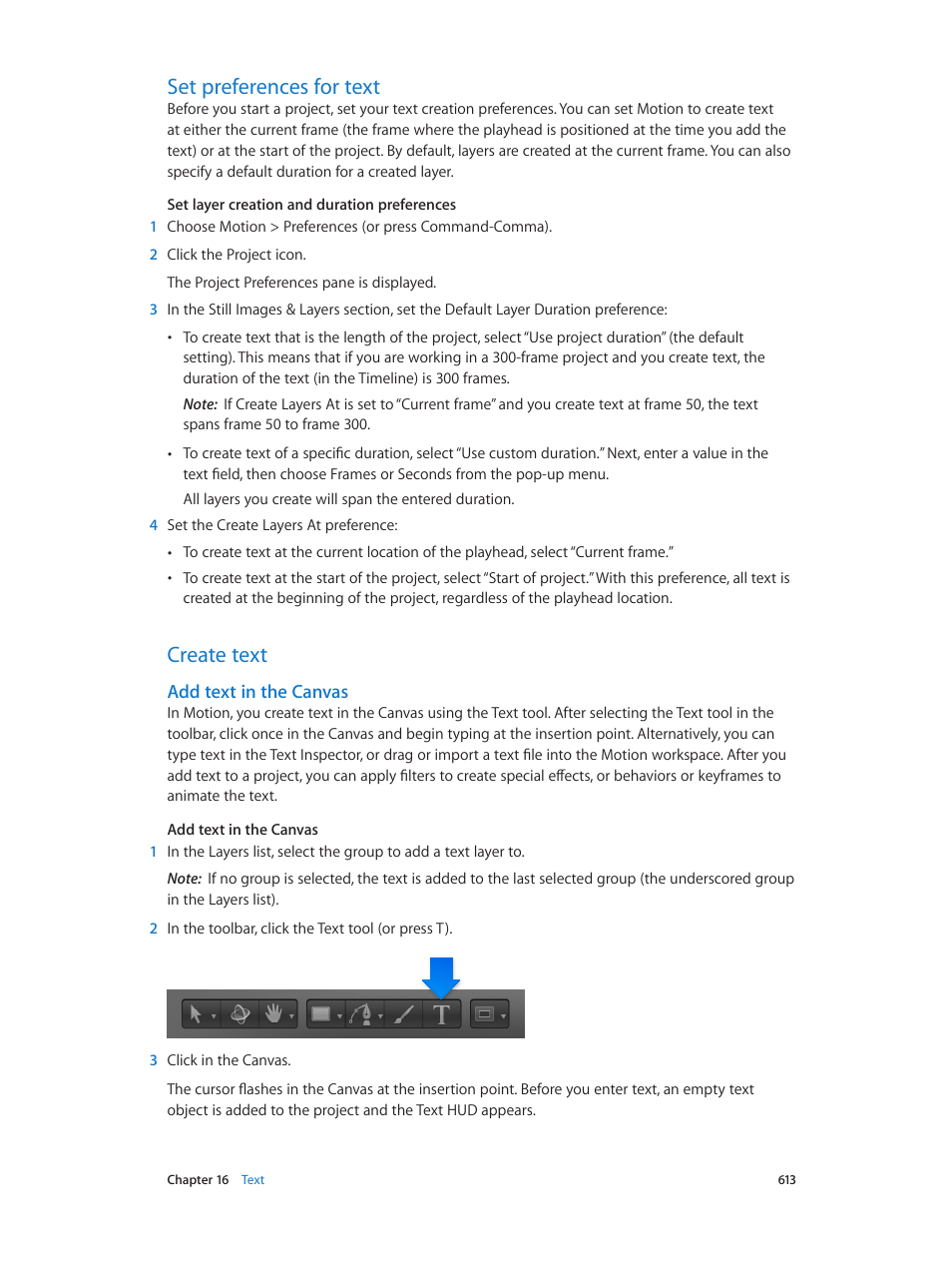 Set preferences for text, Create text, Add text in the canvas | 613 set preferences for text 613 create text 613 | Apple Motion 5.1.1 User Manual | Page 613 / 1090