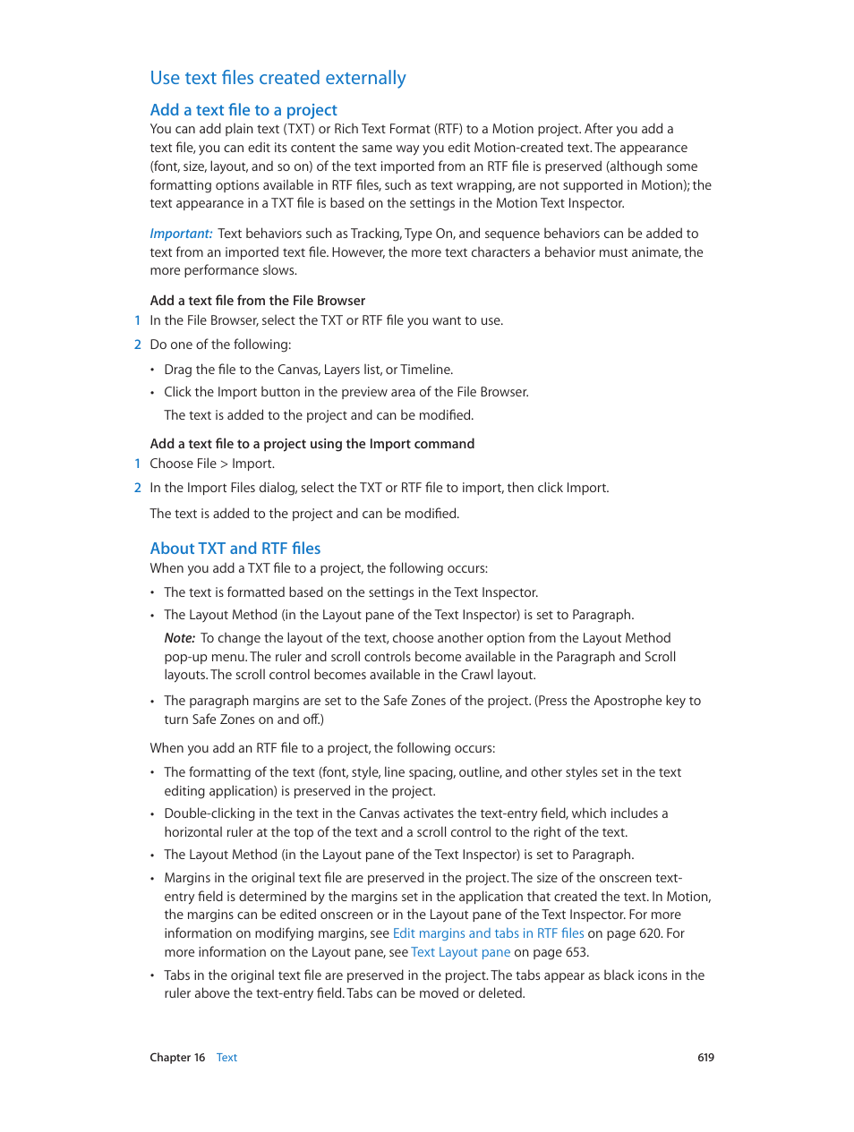 Use text files created externally, Add a text file to a project, About txt and rtf files | 619 use text files created externally 619, A text file to a project | Apple Motion 5.1.1 User Manual | Page 619 / 1090