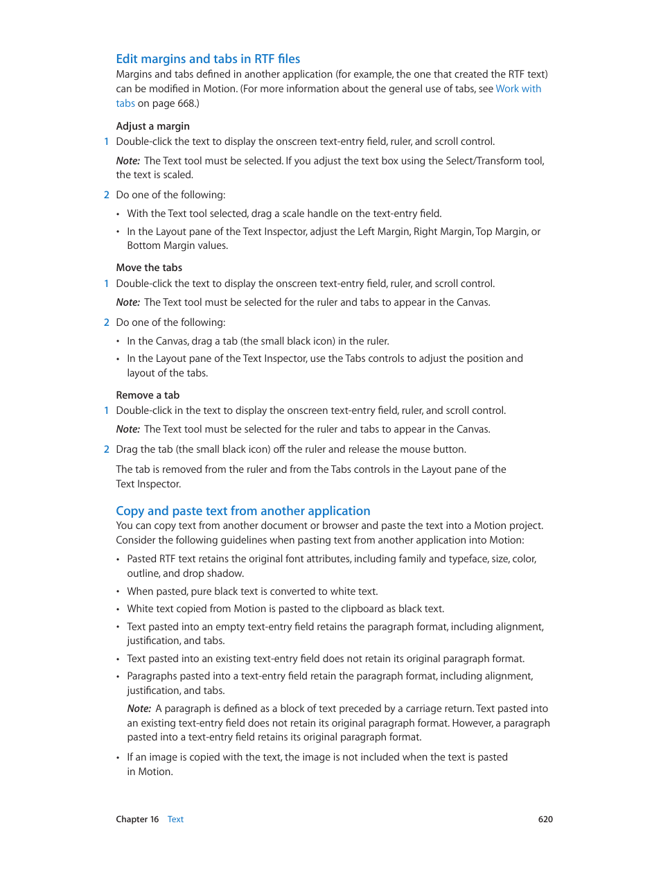 Edit margins and tabs in rtf files, Copy and paste text from another application | Apple Motion 5.1.1 User Manual | Page 620 / 1090