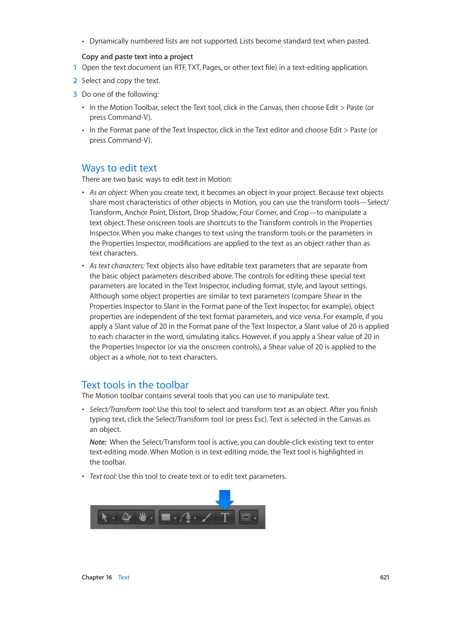 Ways to edit text, Text tools in the toolbar | Apple Motion 5.1.1 User Manual | Page 621 / 1090