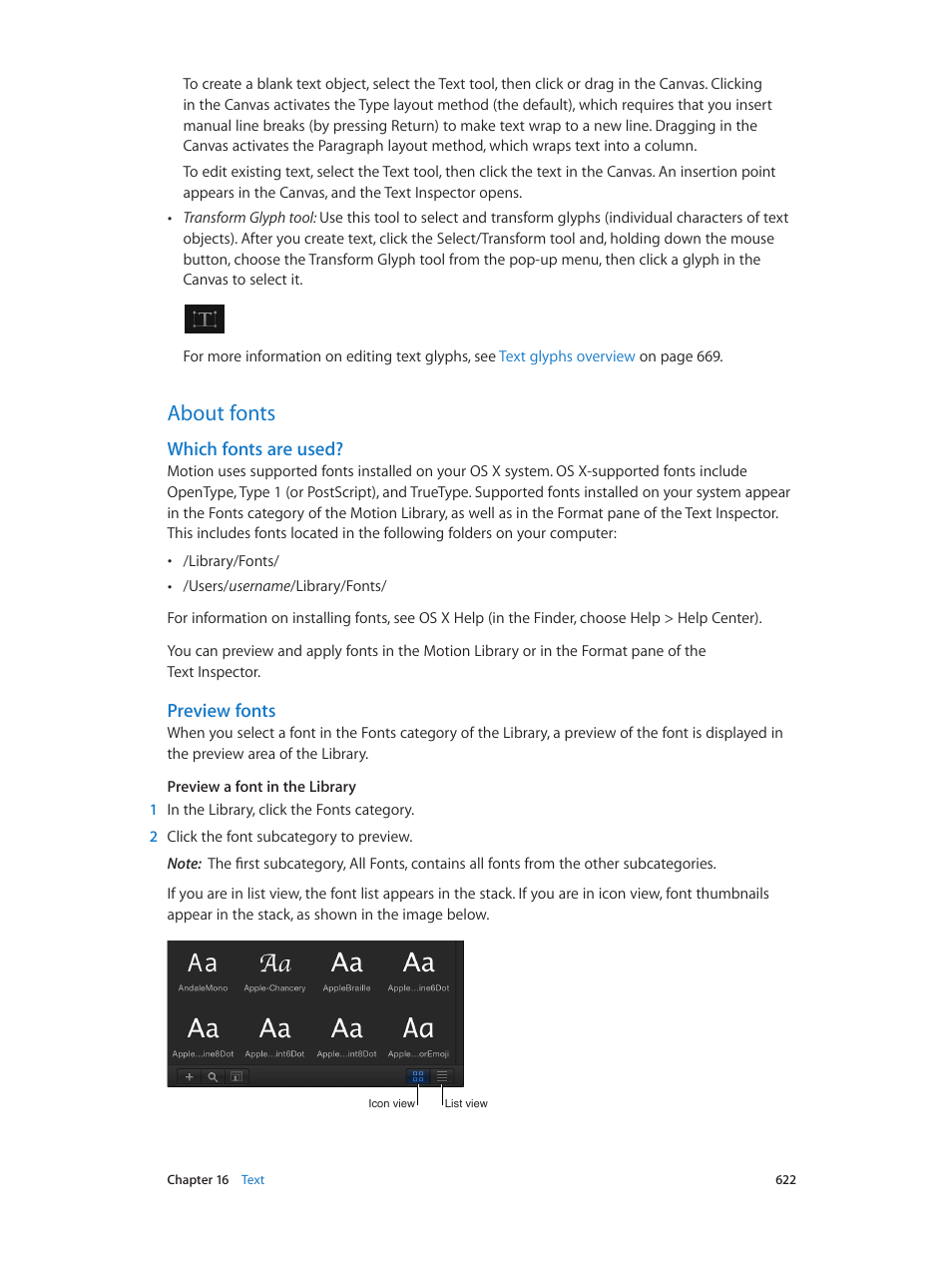 About fonts, Which fonts are used, Preview fonts | 622 about fonts 622 | Apple Motion 5.1.1 User Manual | Page 622 / 1090