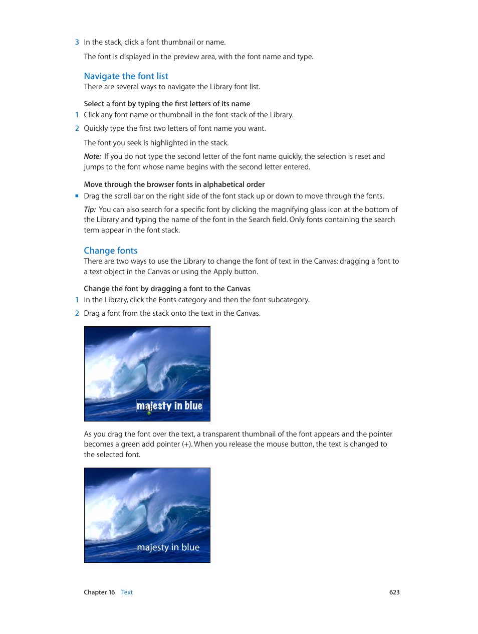 Navigate the font list, Change fonts | Apple Motion 5.1.1 User Manual | Page 623 / 1090