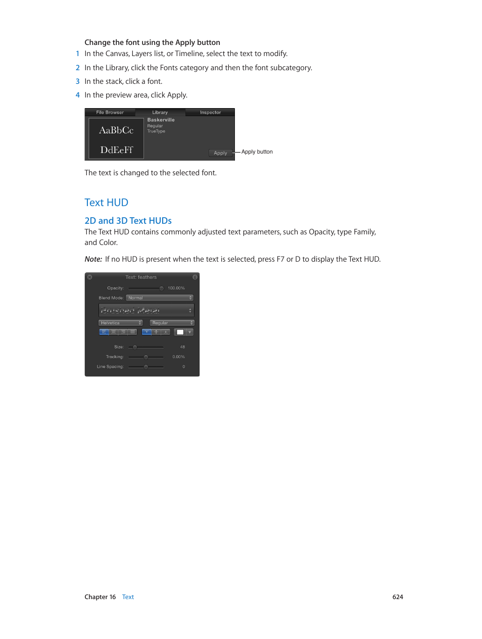 Text hud, 2d and 3d text huds, 624 text hud 624 | Apple Motion 5.1.1 User Manual | Page 624 / 1090