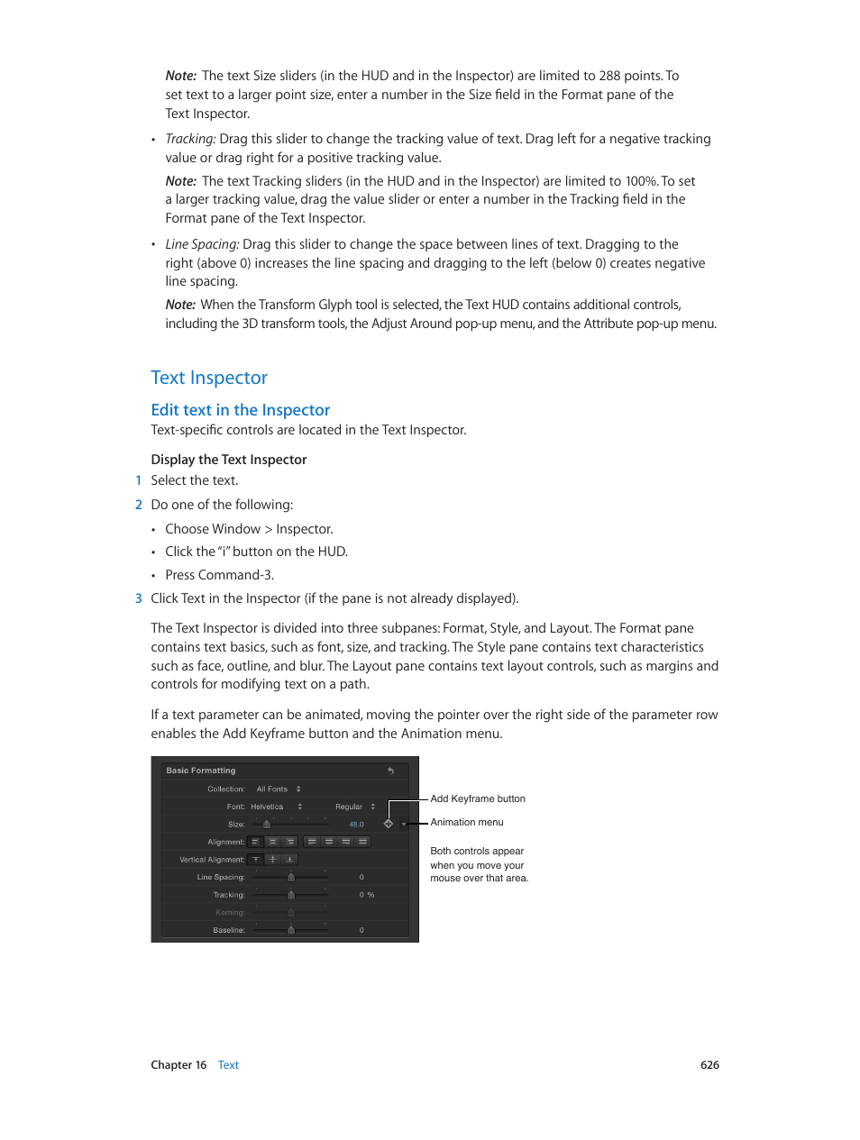 Text inspector, Edit text in the inspector, 626 text inspector 626 | Apple Motion 5.1.1 User Manual | Page 626 / 1090