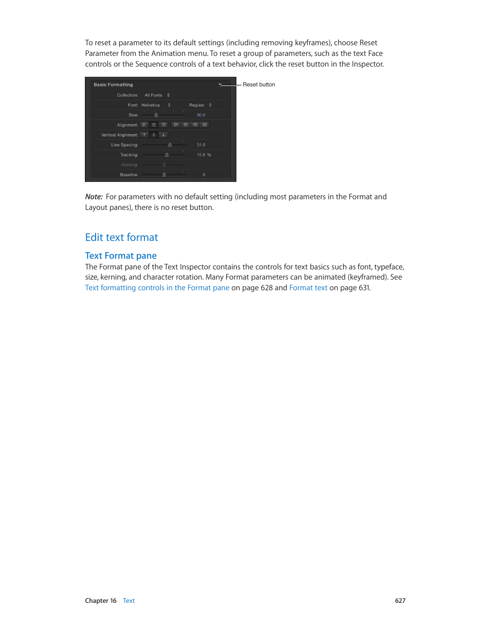 Edit text format, Text format pane, 627 edit text format 627 | Apple Motion 5.1.1 User Manual | Page 627 / 1090