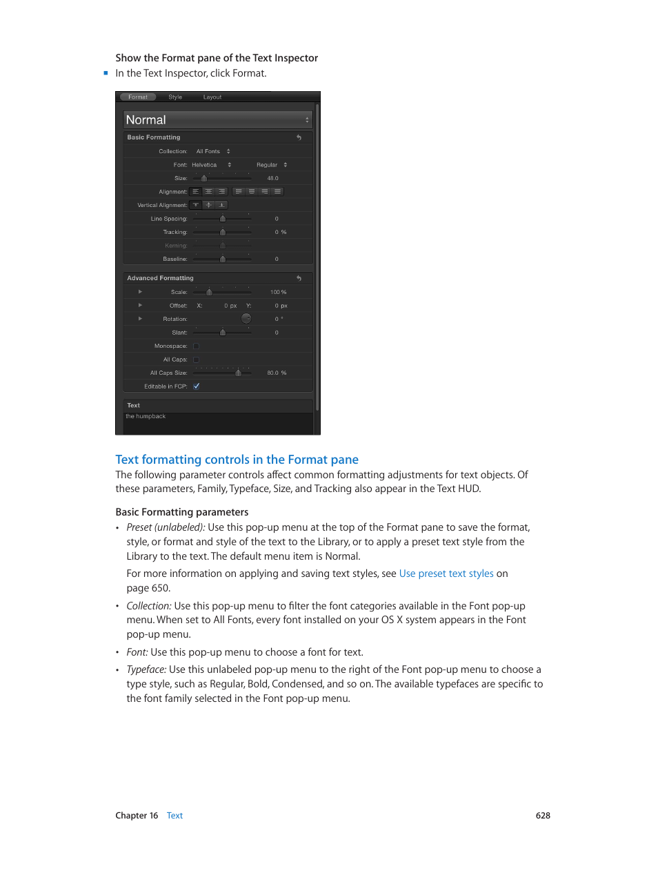 Text formatting controls in the format pane | Apple Motion 5.1.1 User Manual | Page 628 / 1090