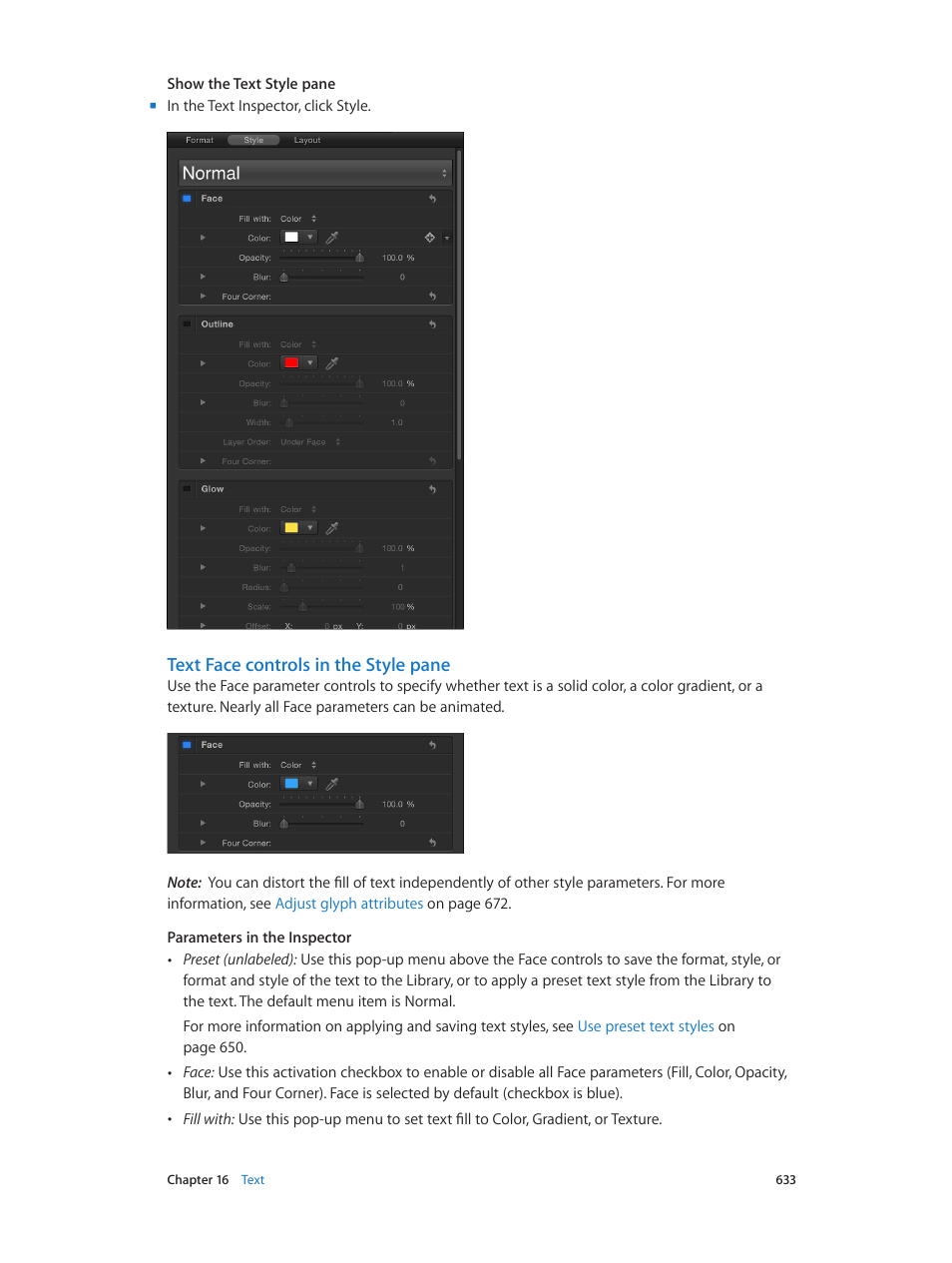 Text face controls in the style pane | Apple Motion 5.1.1 User Manual | Page 633 / 1090
