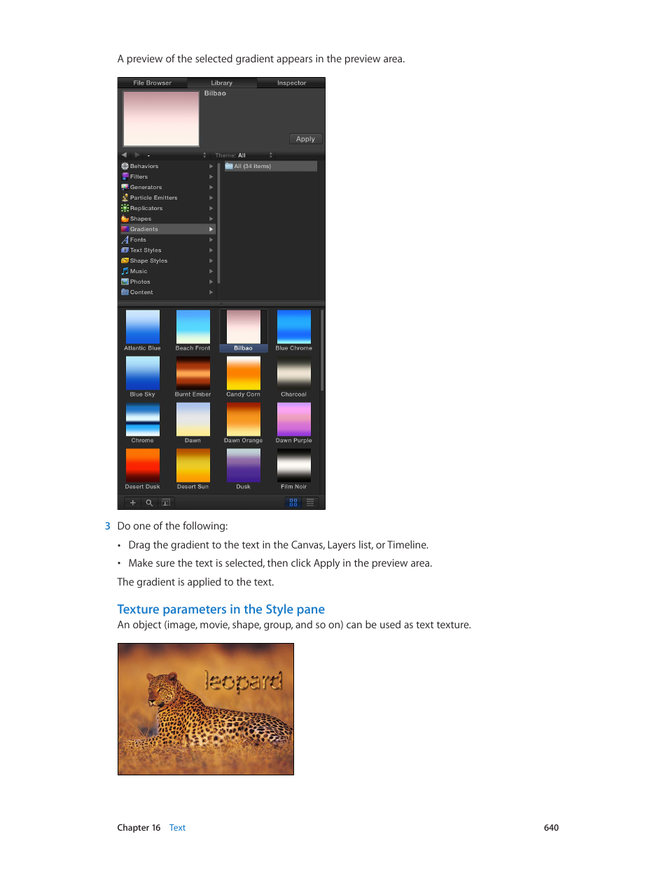 Texture parameters in the style pane | Apple Motion 5.1.1 User Manual | Page 640 / 1090