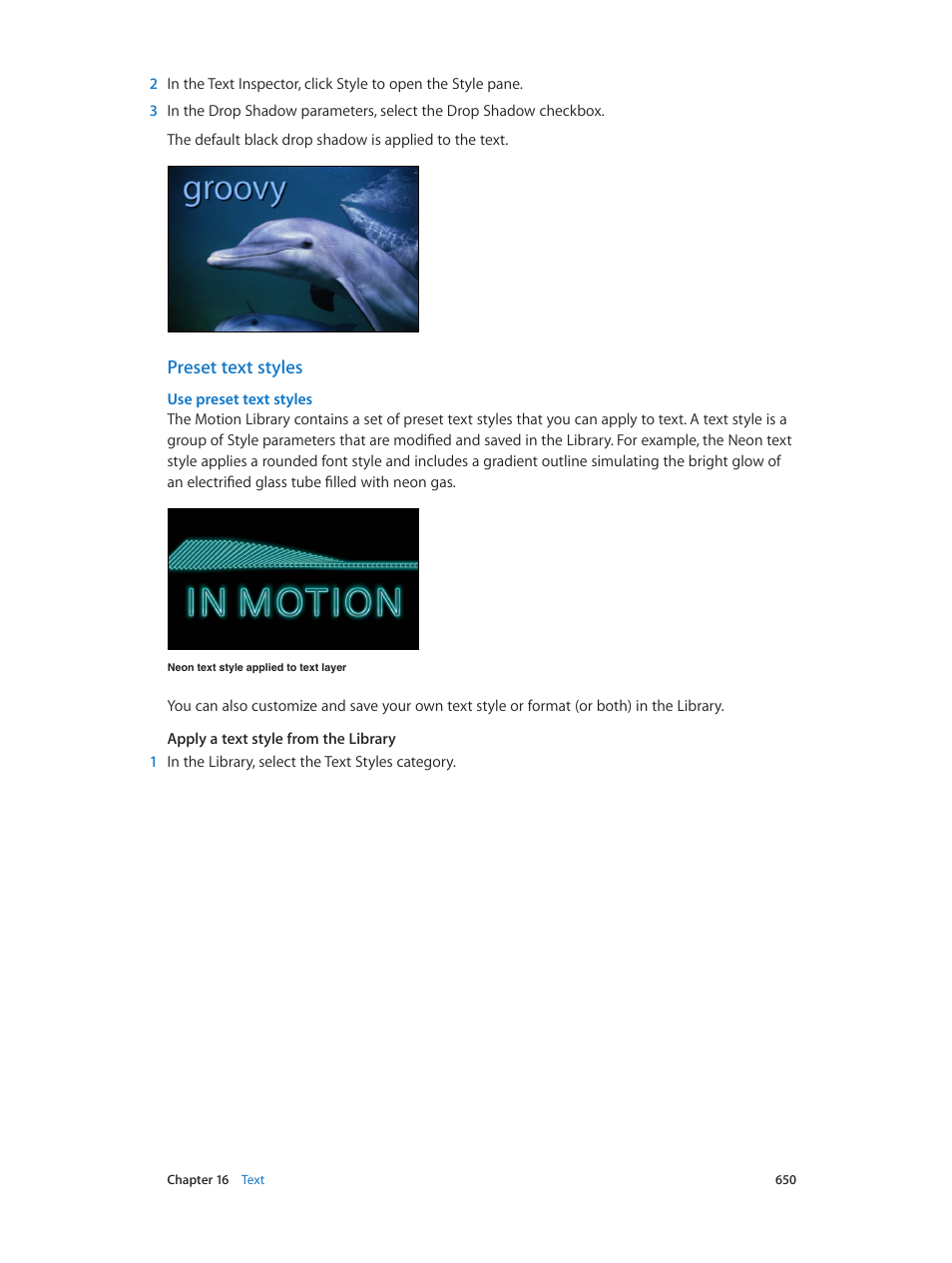 Preset text styles, Use preset text styles | Apple Motion 5.1.1 User Manual | Page 650 / 1090