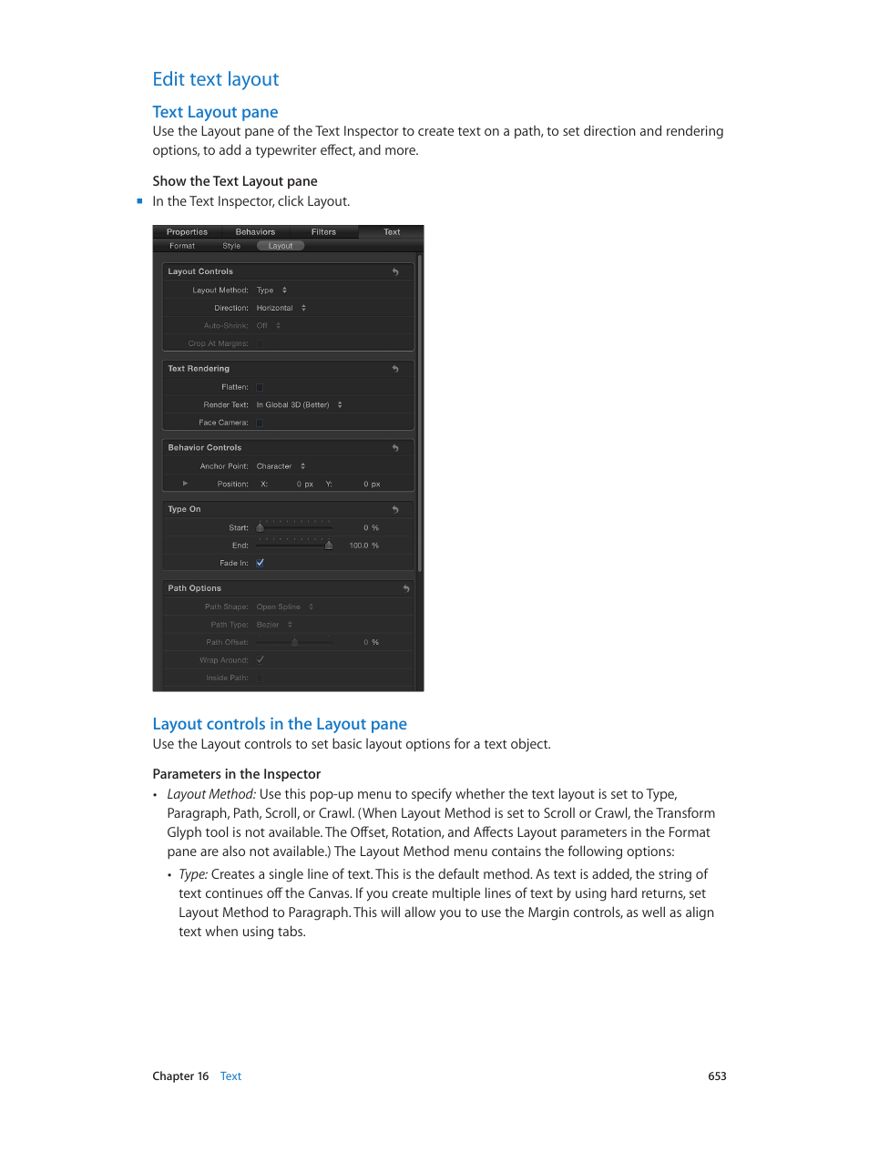 Edit text layout, Text layout pane, Layout controls in the layout pane | 653 edit text layout 653, Layout controls in the layout, Pane | Apple Motion 5.1.1 User Manual | Page 653 / 1090