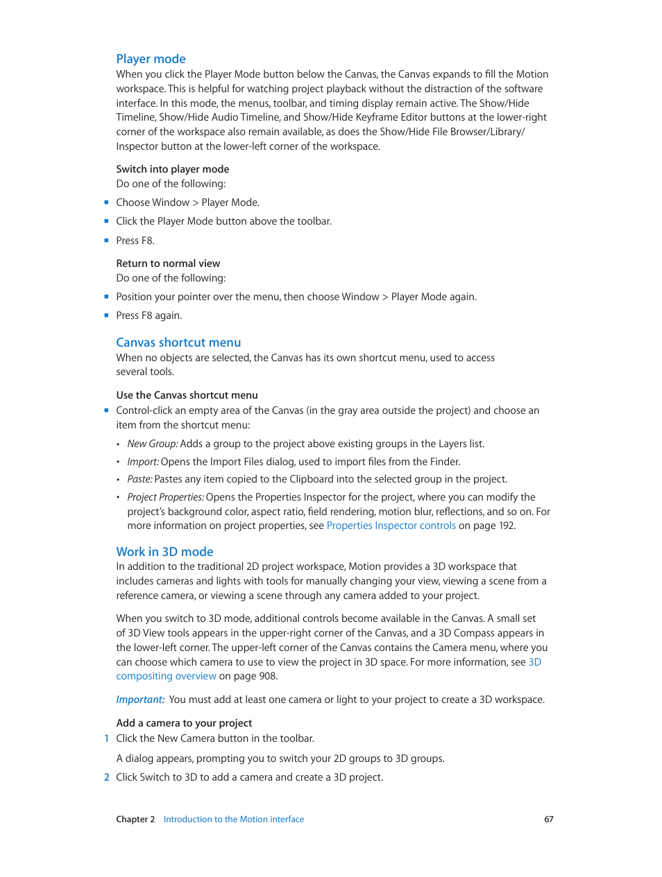 Player mode, Canvas shortcut menu, Work in 3d mode | Apple Motion 5.1.1 User Manual | Page 67 / 1090