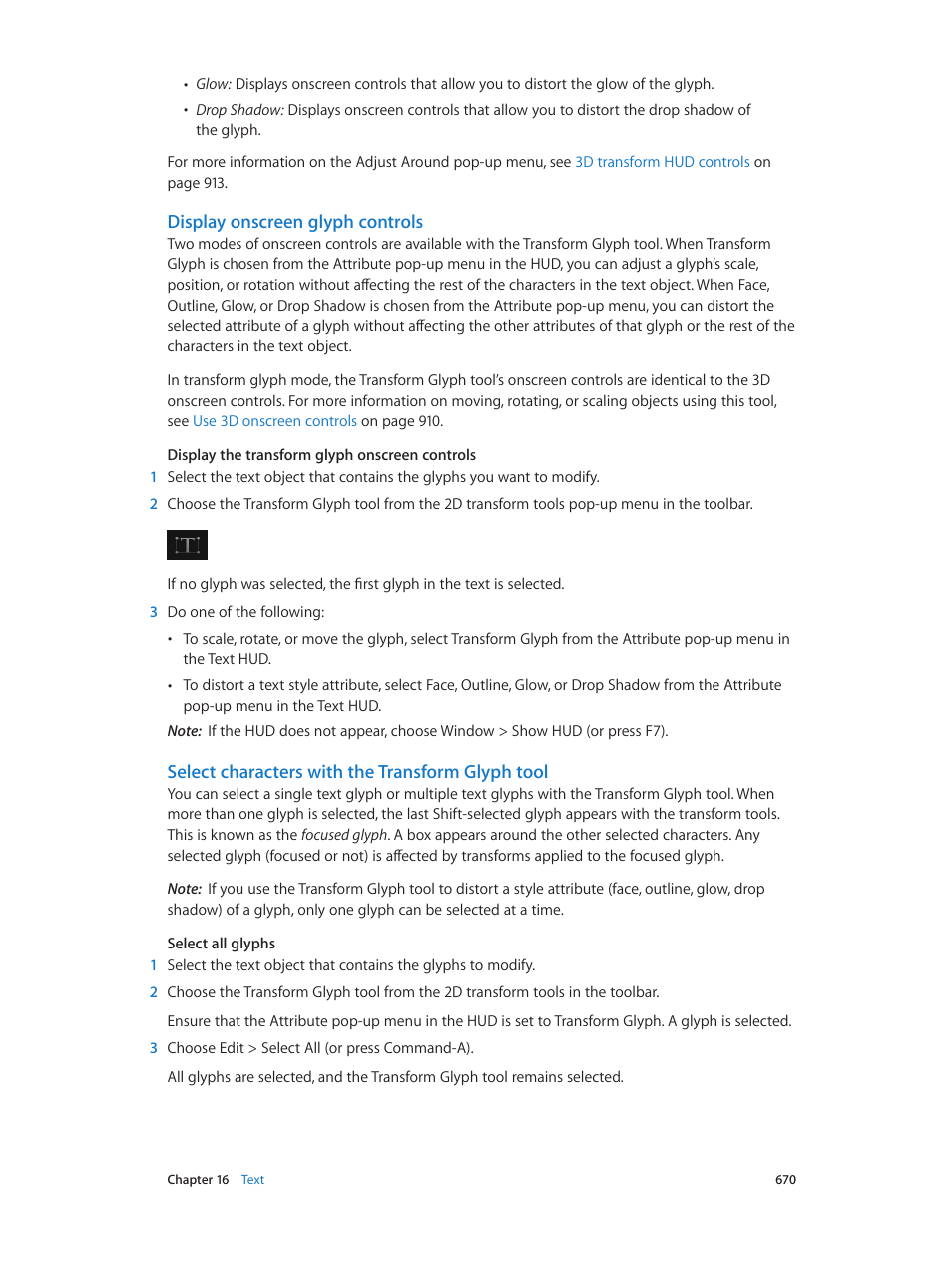 Display onscreen glyph controls, Select characters with the transform glyph tool | Apple Motion 5.1.1 User Manual | Page 670 / 1090