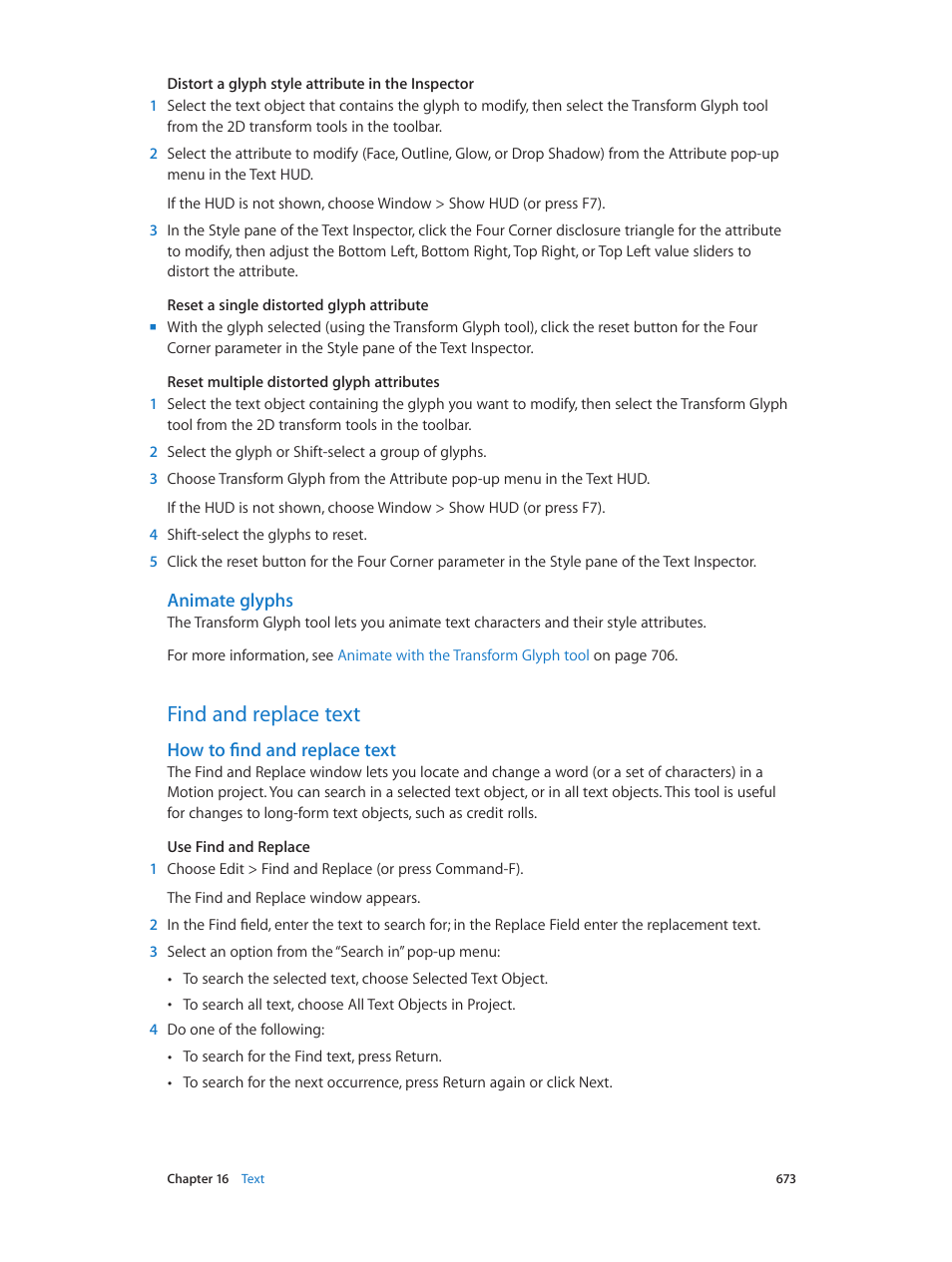 Animate glyphs, Find and replace text, How to find and replace text | 673 find and replace text 673, To find and replace text | Apple Motion 5.1.1 User Manual | Page 673 / 1090