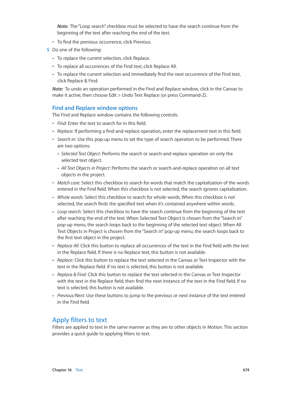 Find and replace window options, Apply filters to text, 674 apply filters to text | Apple Motion 5.1.1 User Manual | Page 674 / 1090