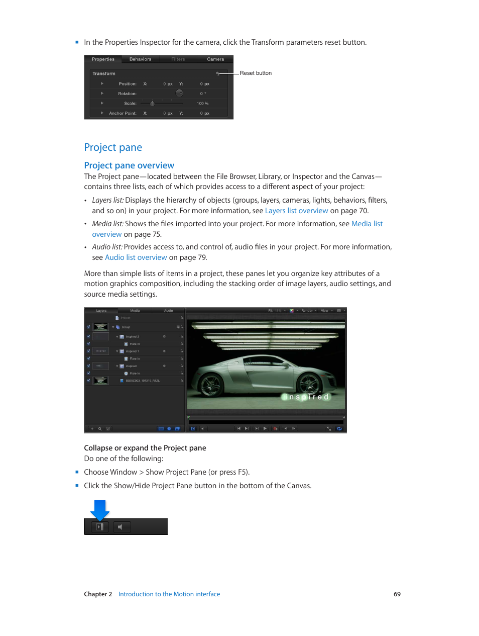 Project pane, Project pane overview, 69 project pane 69 | Overview, Tion see | Apple Motion 5.1.1 User Manual | Page 69 / 1090