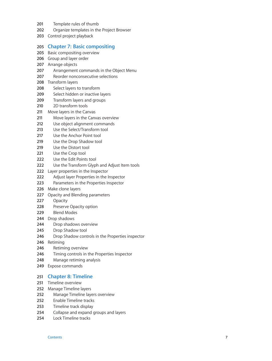 Chapter 7: basic compositing, Chapter 8: timeline | Apple Motion 5.1.1 User Manual | Page 7 / 1090