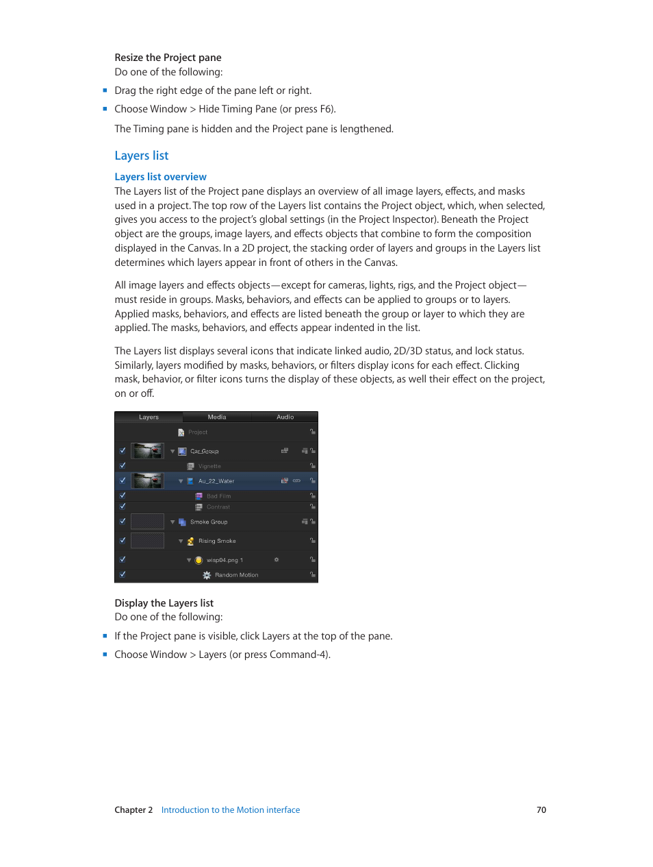 Layers list, Layers list overview | Apple Motion 5.1.1 User Manual | Page 70 / 1090