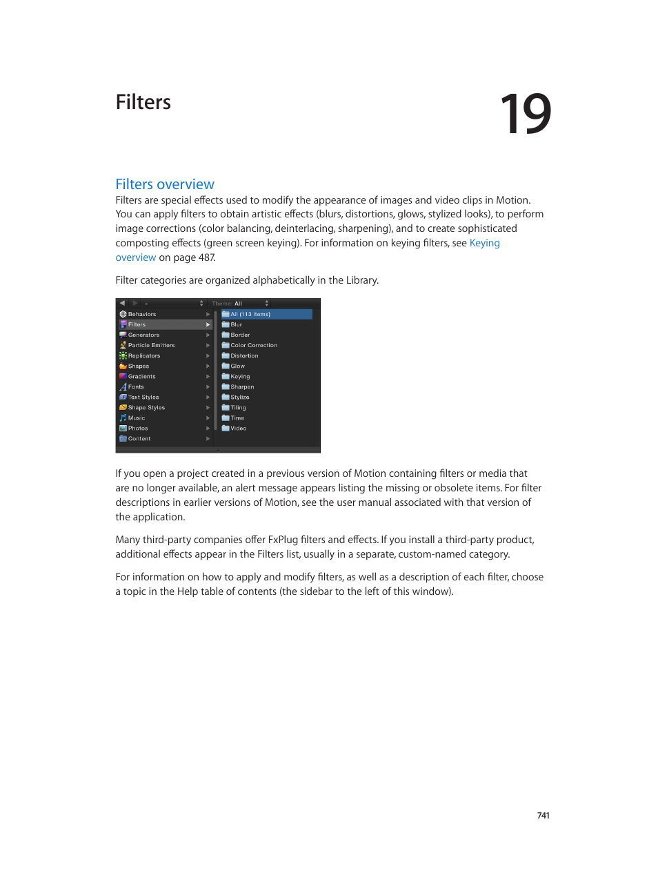 Chapter 19: filters, Filters overview, 741 filters overview | Filters | Apple Motion 5.1.1 User Manual | Page 741 / 1090