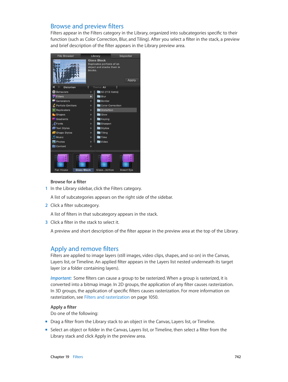 Browse and preview filters, Apply and remove filters | Apple Motion 5.1.1 User Manual | Page 742 / 1090