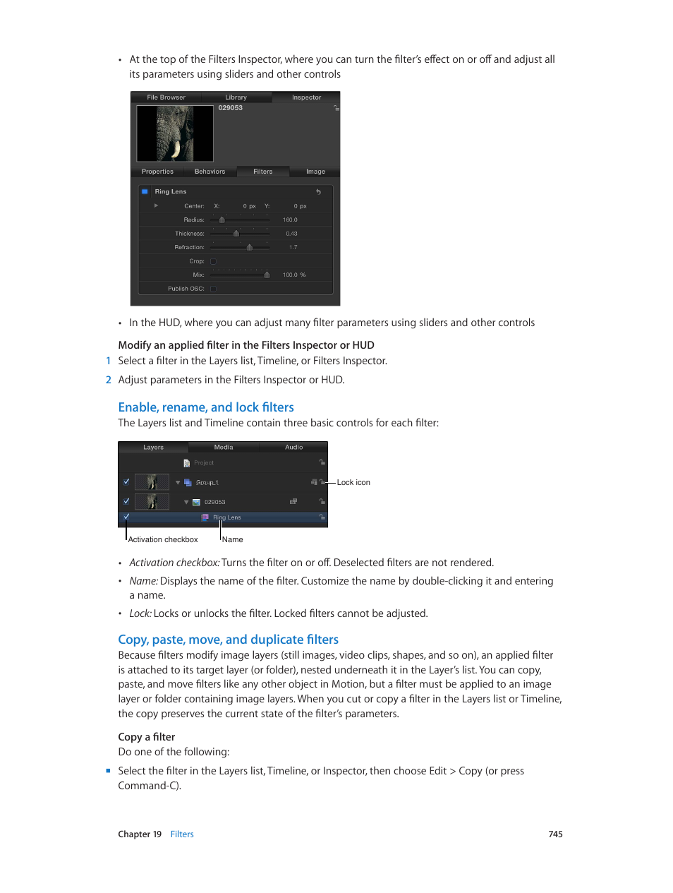 Enable, rename, and lock filters, Copy, paste, move, and duplicate filters | Apple Motion 5.1.1 User Manual | Page 745 / 1090
