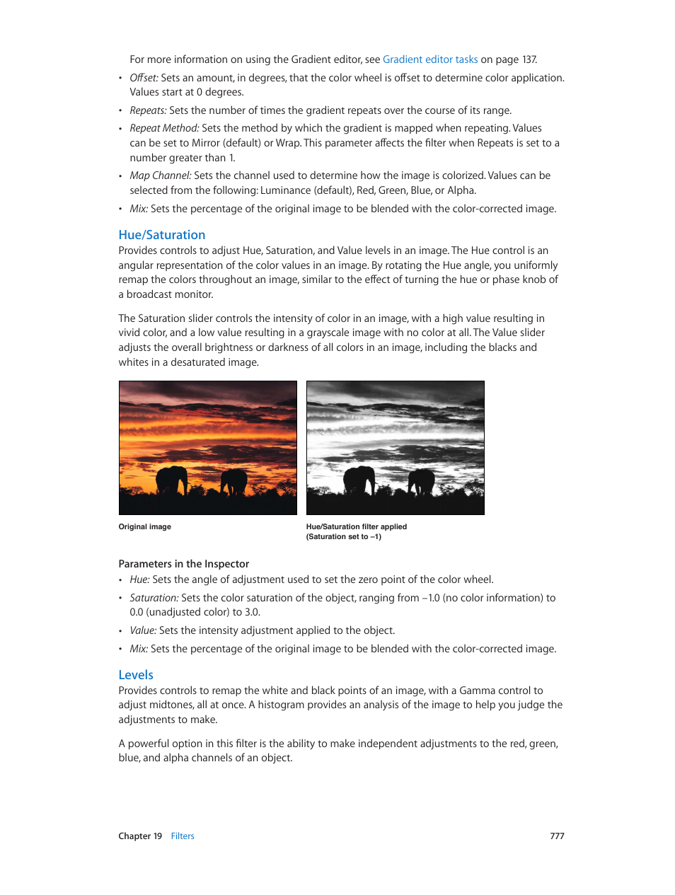 Hue/saturation, Levels | Apple Motion 5.1.1 User Manual | Page 777 / 1090