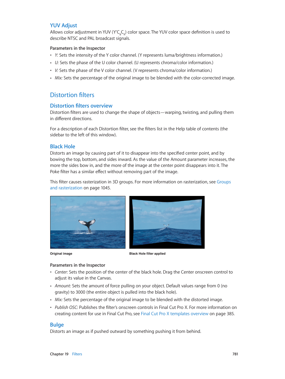 Yuv adjust, Distortion filters, Distortion filters overview | Black hole, Bulge, 781 distortion filters 781 | Apple Motion 5.1.1 User Manual | Page 781 / 1090