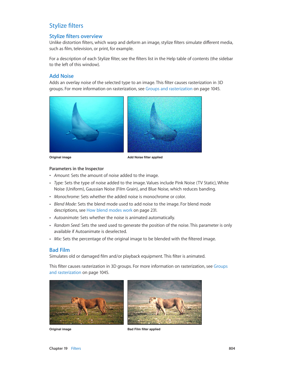 Stylize filters, Stylize filters overview, Add noise | Bad film, 804 stylize filters 804 | Apple Motion 5.1.1 User Manual | Page 804 / 1090