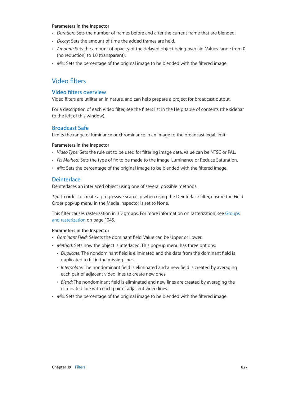 Video filters, Video filters overview, Broadcast safe | Deinterlace, 827 video filters 827 | Apple Motion 5.1.1 User Manual | Page 827 / 1090