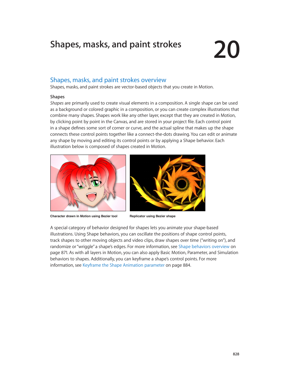 Chapter 20: shapes, masks, and paint strokes, Shapes, masks, and paint strokes overview, 828 shapes, masks, and paint strokes overview | Shapes, masks, and paint strokes, Overview | Apple Motion 5.1.1 User Manual | Page 828 / 1090