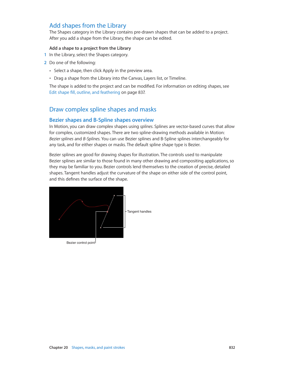 Add shapes from the library, Draw complex spline shapes and masks, Bezier shapes and b-spline shapes overview | Apple Motion 5.1.1 User Manual | Page 832 / 1090
