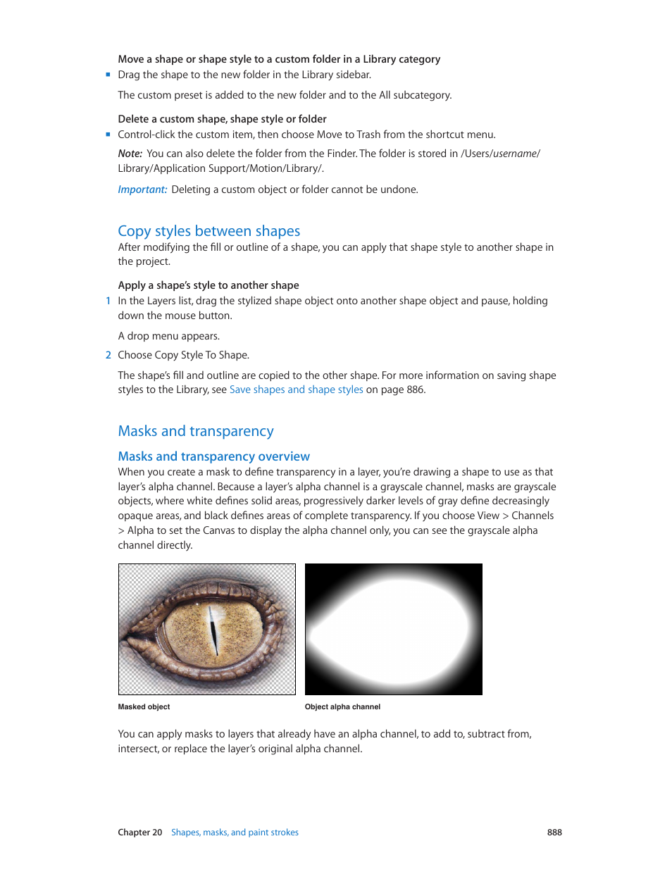 Copy styles between shapes, Masks and transparency, Masks and transparency overview | Masks and, Transparency overview | Apple Motion 5.1.1 User Manual | Page 888 / 1090