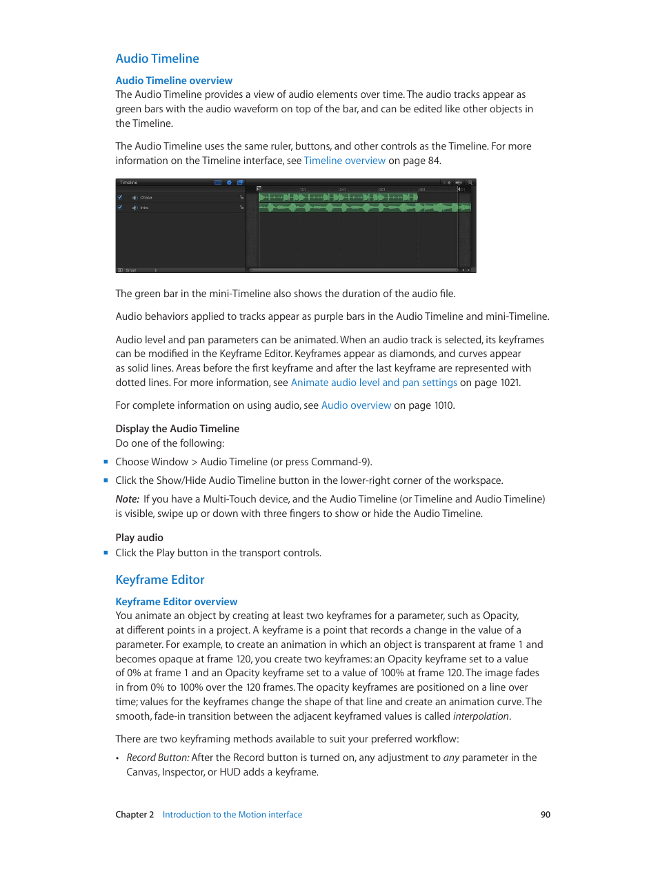 Audio timeline, Keyframe editor, Keyframe editor overview | Audio timeline overview | Apple Motion 5.1.1 User Manual | Page 90 / 1090